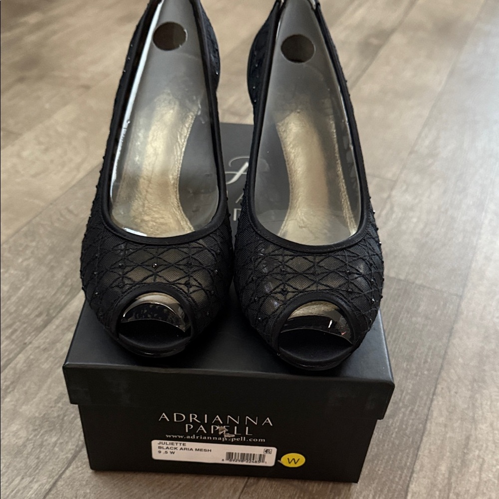 Adrianna Papell Juliette Black Aria Mesh Peep Toe Heels